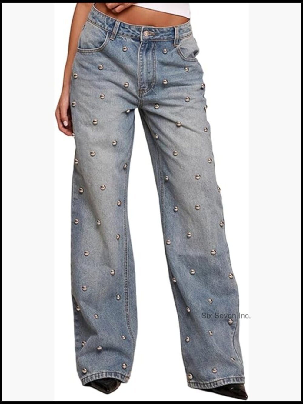 High Waist Wide Leg Bling Glitter Studded Baggy Denim Pants with Pockets